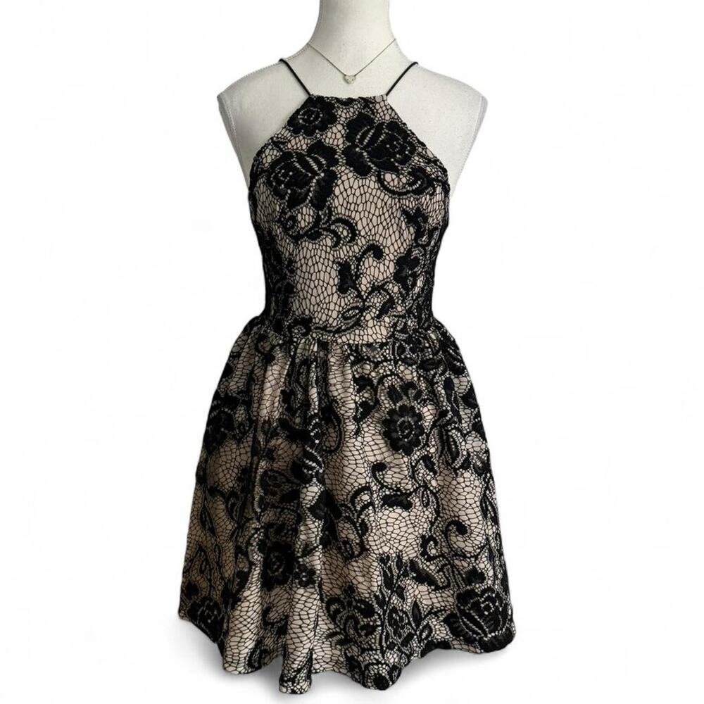 Bebe Vintage Lace Embroidered Halter High Neck Dress Soft Glam Size 00 Aria Vibe